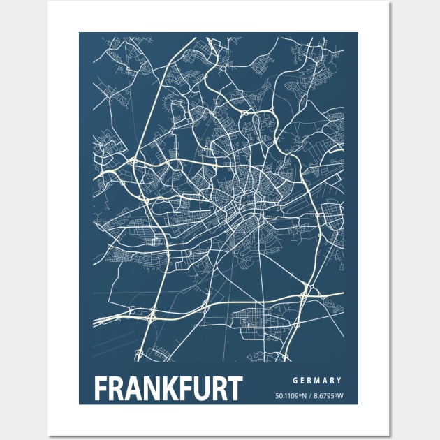 Frankfurt Blueprint Street Map, Frankfurt Colour Map Prints Wall Art by tienstencil